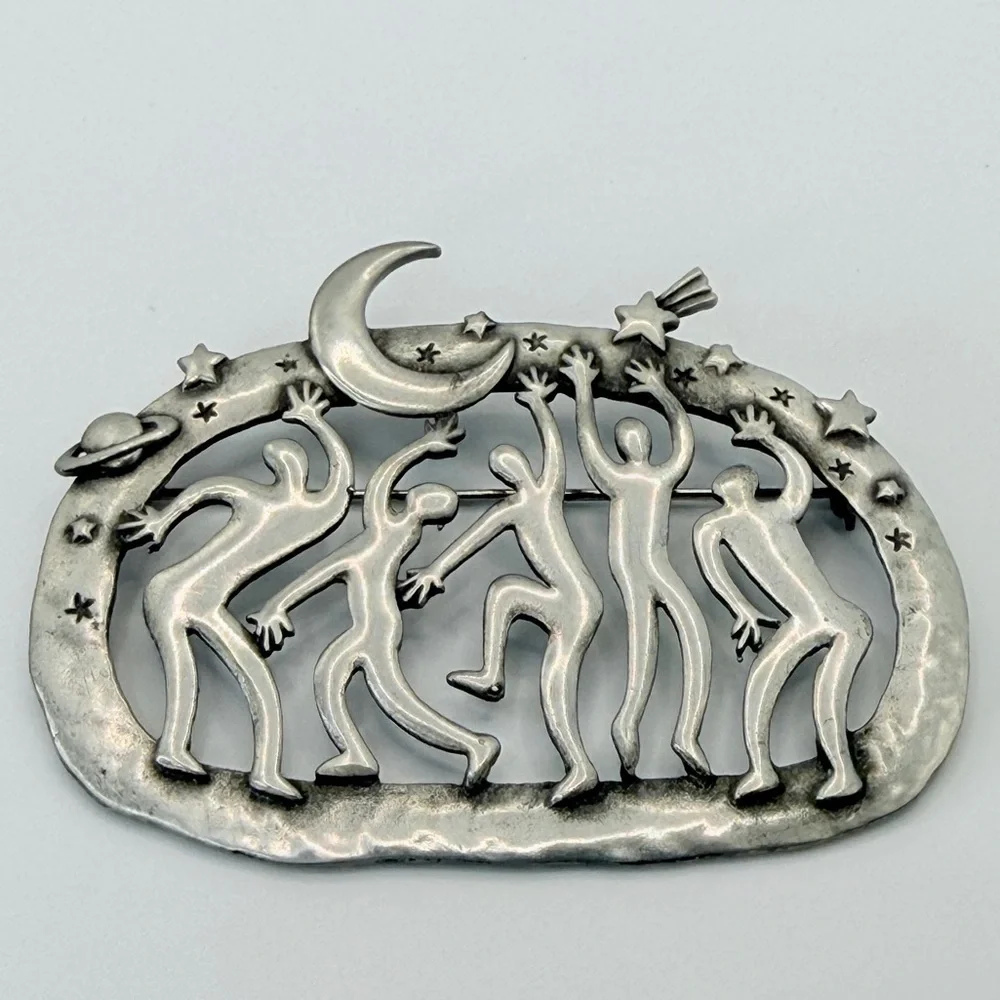 JJ Jonette Jewelry Co Pewter Style Tribal Dancers Saturn Moon Star Pin Vintage